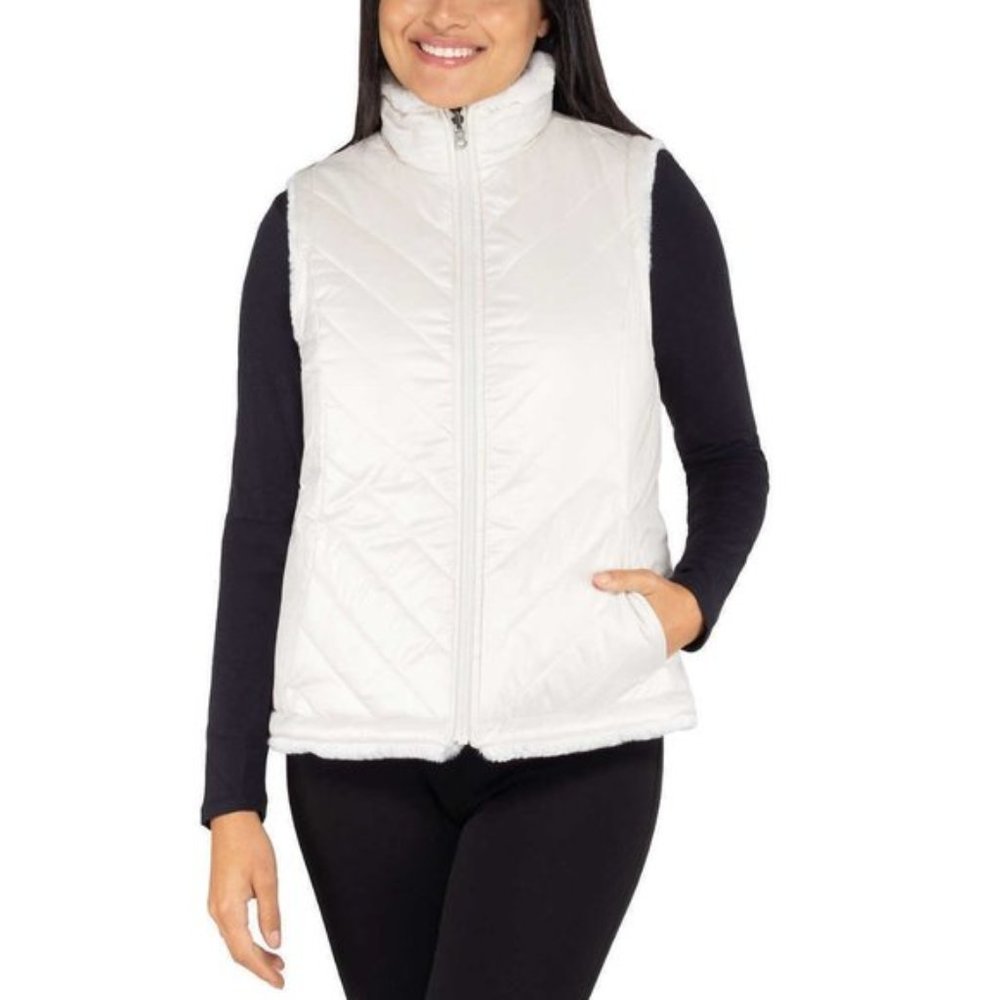 IVORY NWT Quilted Faux Fur Puffer Vest  Reversible  Nicole Miller - Picture 8 of 13